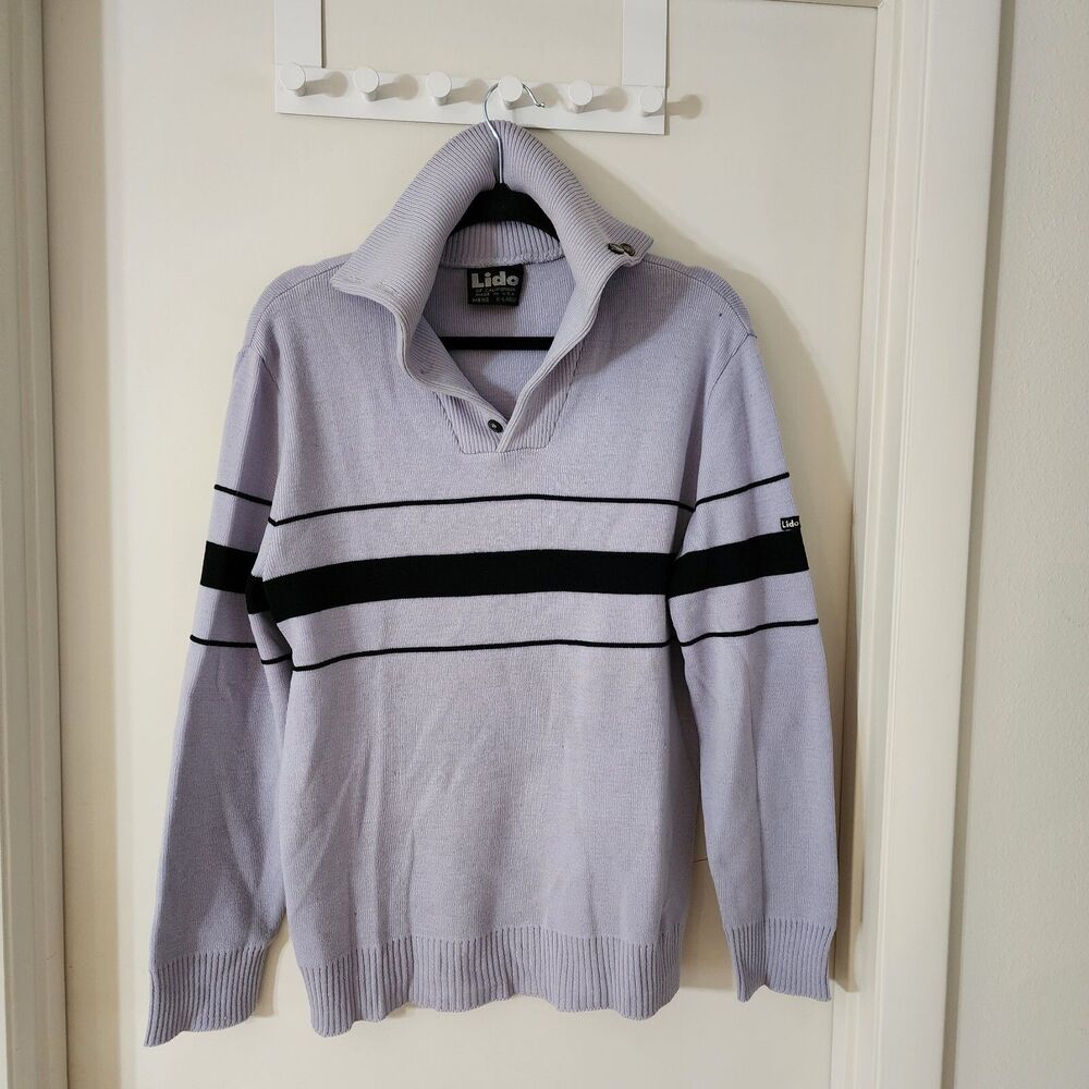 Men's Lido 100% Wool Gray Black Turtle Neck High Button Collar Ski Sweater Sz XL